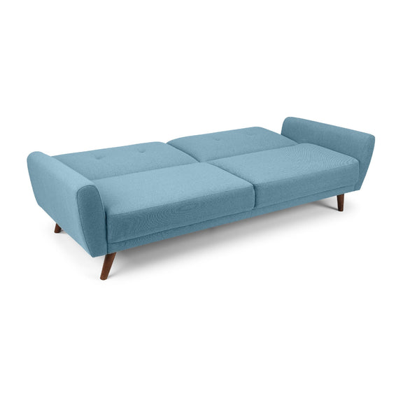 Blue sofa with wooden legs on a white background