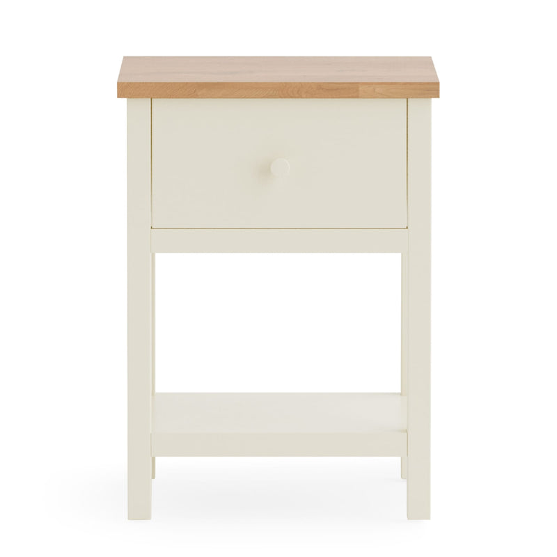Small white cabinet with a wooden top on a white background