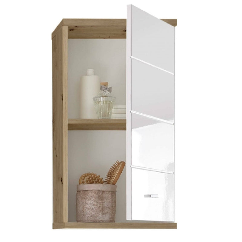 Wooden cabinet with a white door on a white background