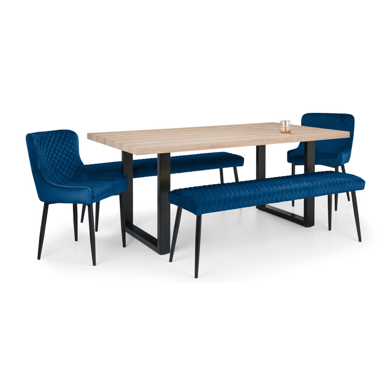 Dining set with a wooden table and blue chairs and bench on a white background