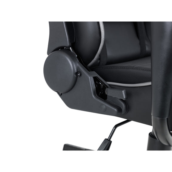 Close-up of a black office chair with armrests on a white background