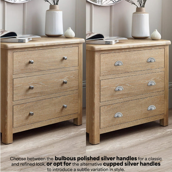 Wooden dresser with bulbous and cupped silver handles on a neutral background