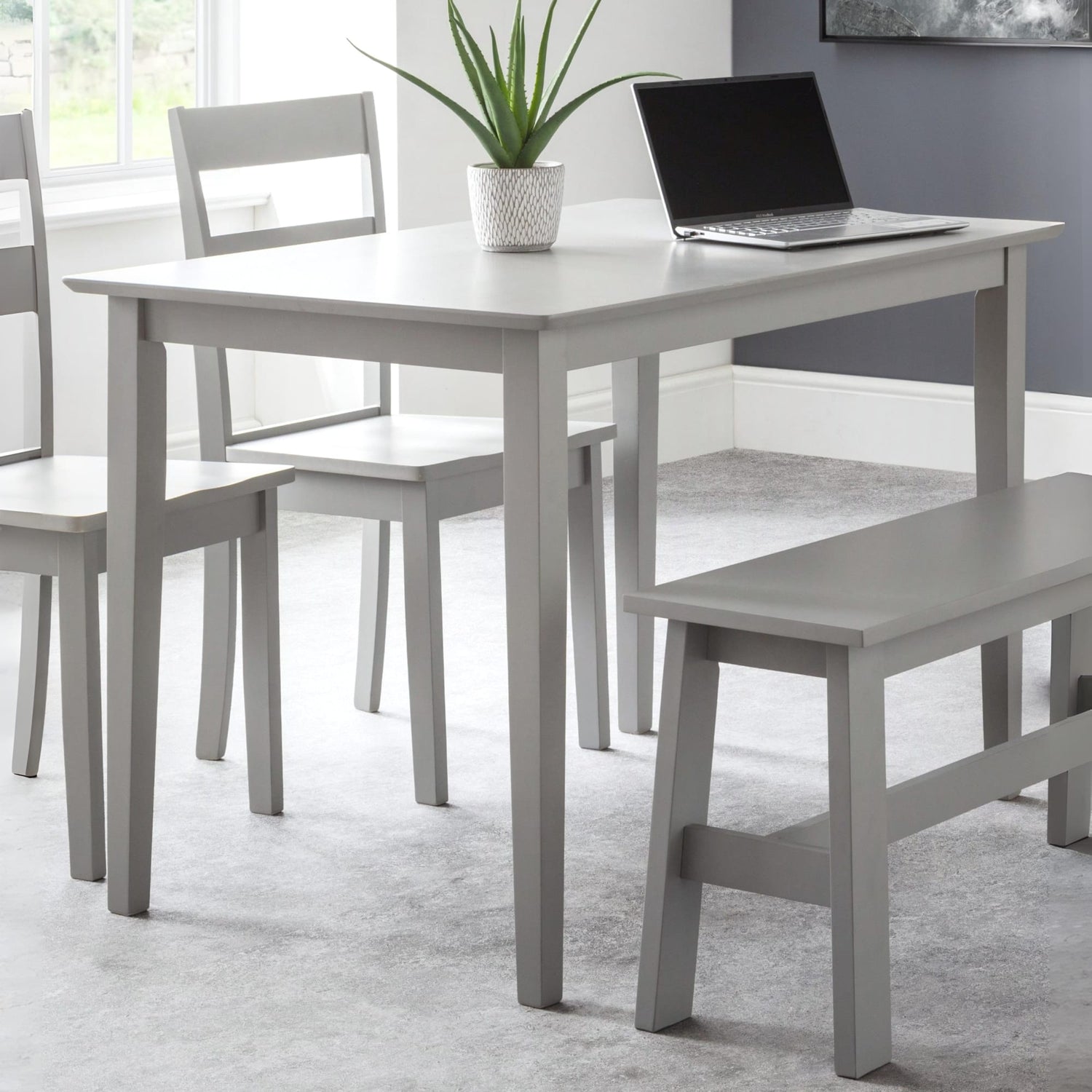 Gray dining table with chairs and a laptop in a room with a plant and picture frame.