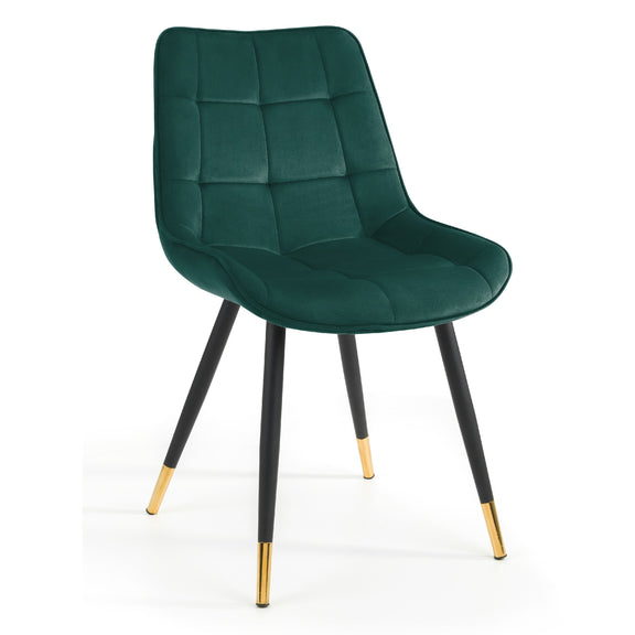 Green upholstered chair with black legs and gold accents on a white background