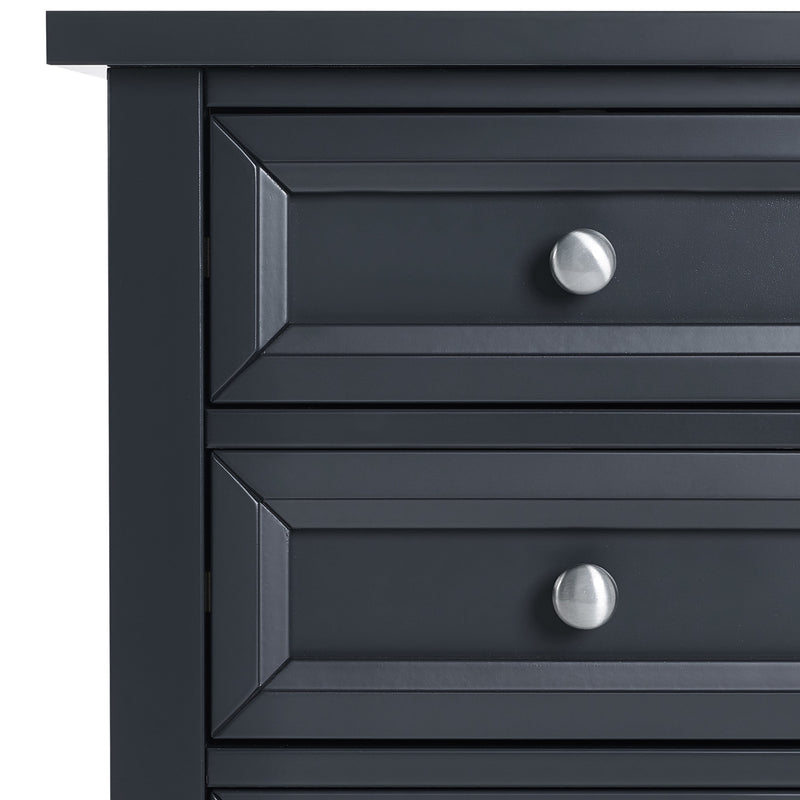 Close-up of a dark blue dresser with silver knobs on a white background