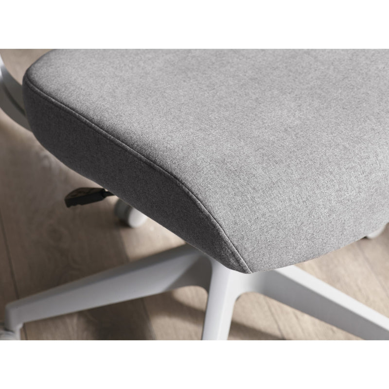 Gray office chair with white frame on a wooden floor