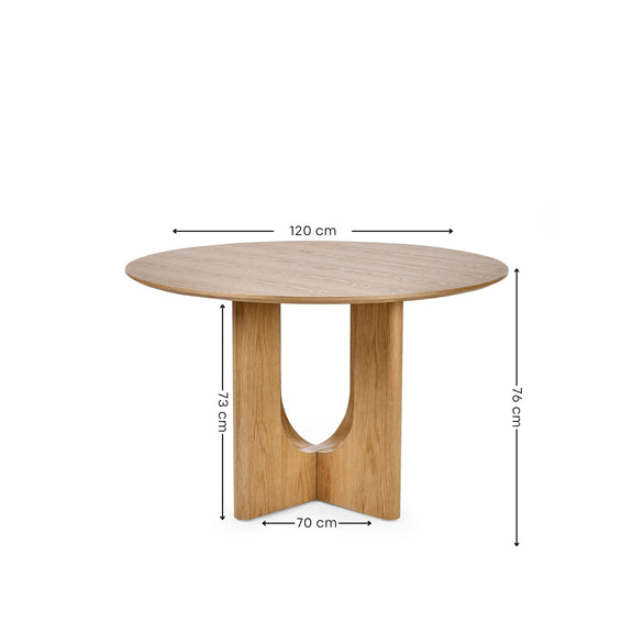 Wooden round table with dimensions labeled on a white background