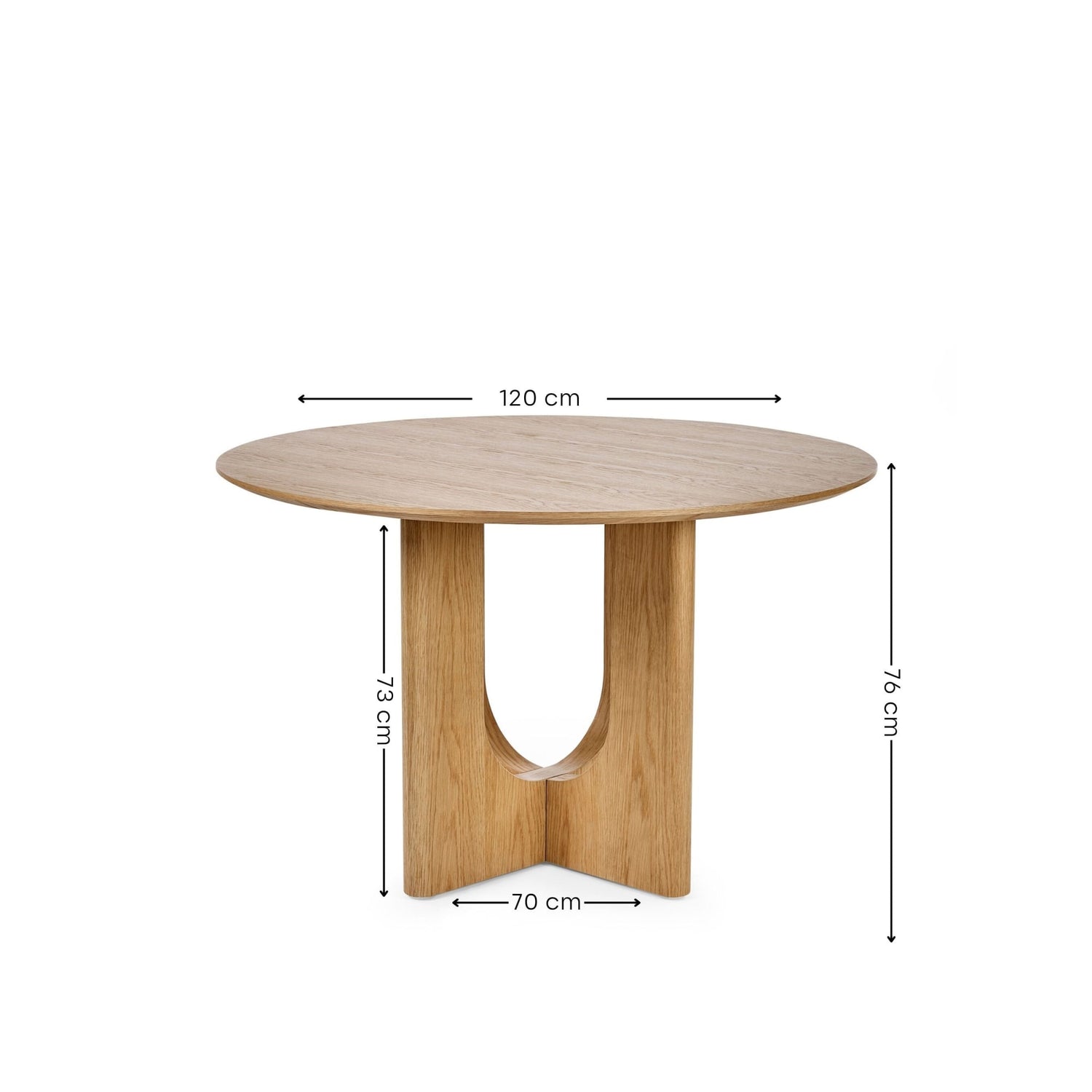 Wooden round table with dimensions labeled on a white background