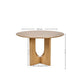 Wooden round table with dimensions labeled on a white background