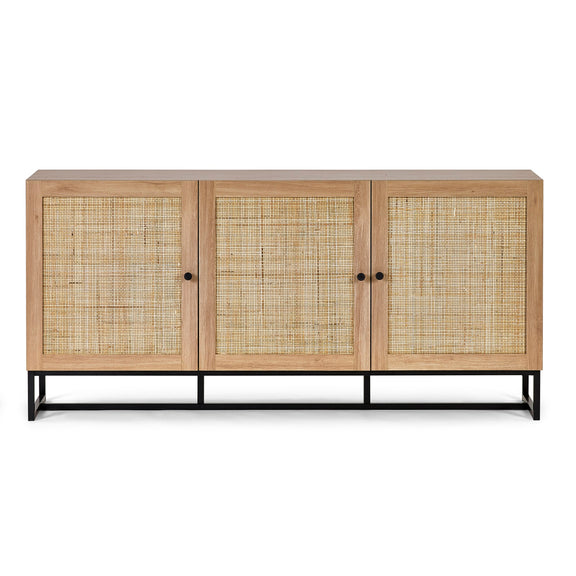 Wooden cabinet with rattan doors on a white background