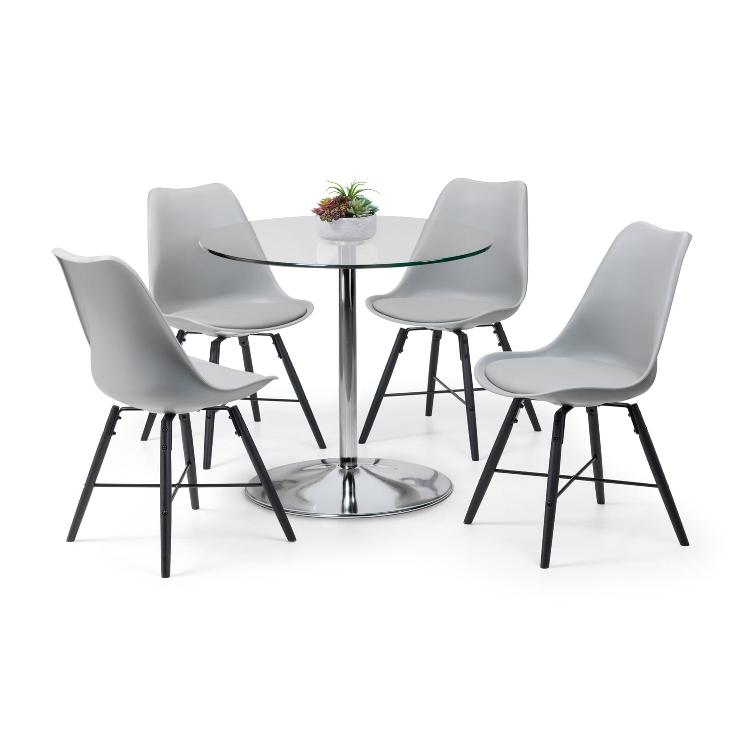 Dining table set with four gray chairs on a white background