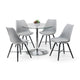 Dining table set with four gray chairs on a white background