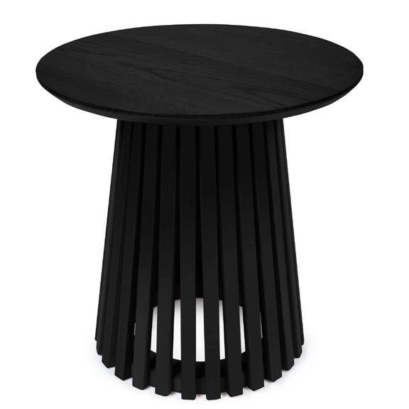 Black round side table on a white background
