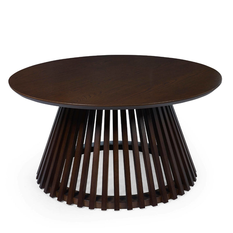 Wooden side table with a unique base design on a white background