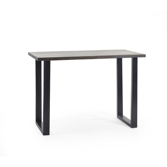 Rectangular table with a gray top and black legs on a white background