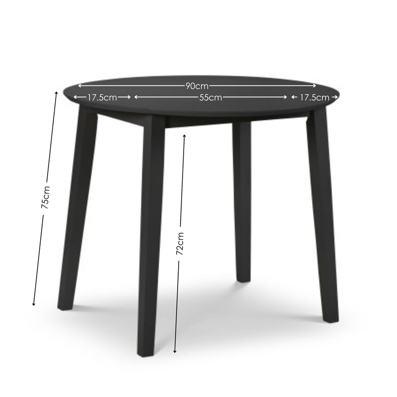 Black children's table with dimensions marked on a white background