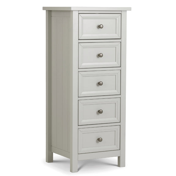 Tall narrow gray dresser with four drawers on a white background