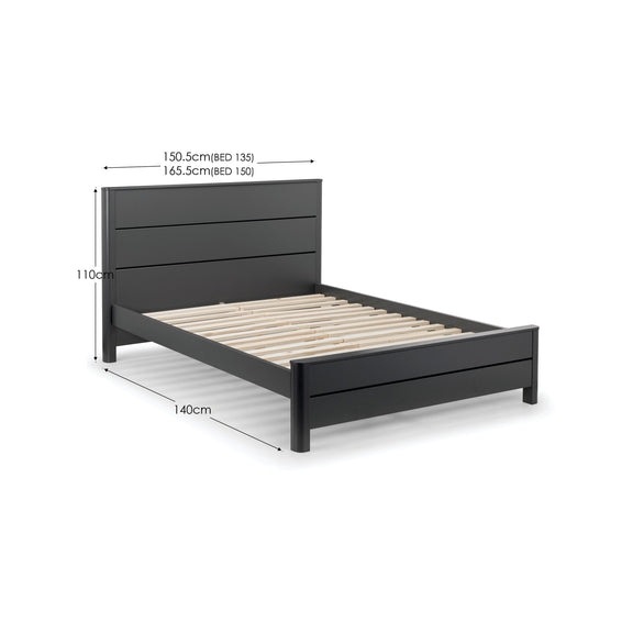 Black wooden bed frame with dimensions on a white background