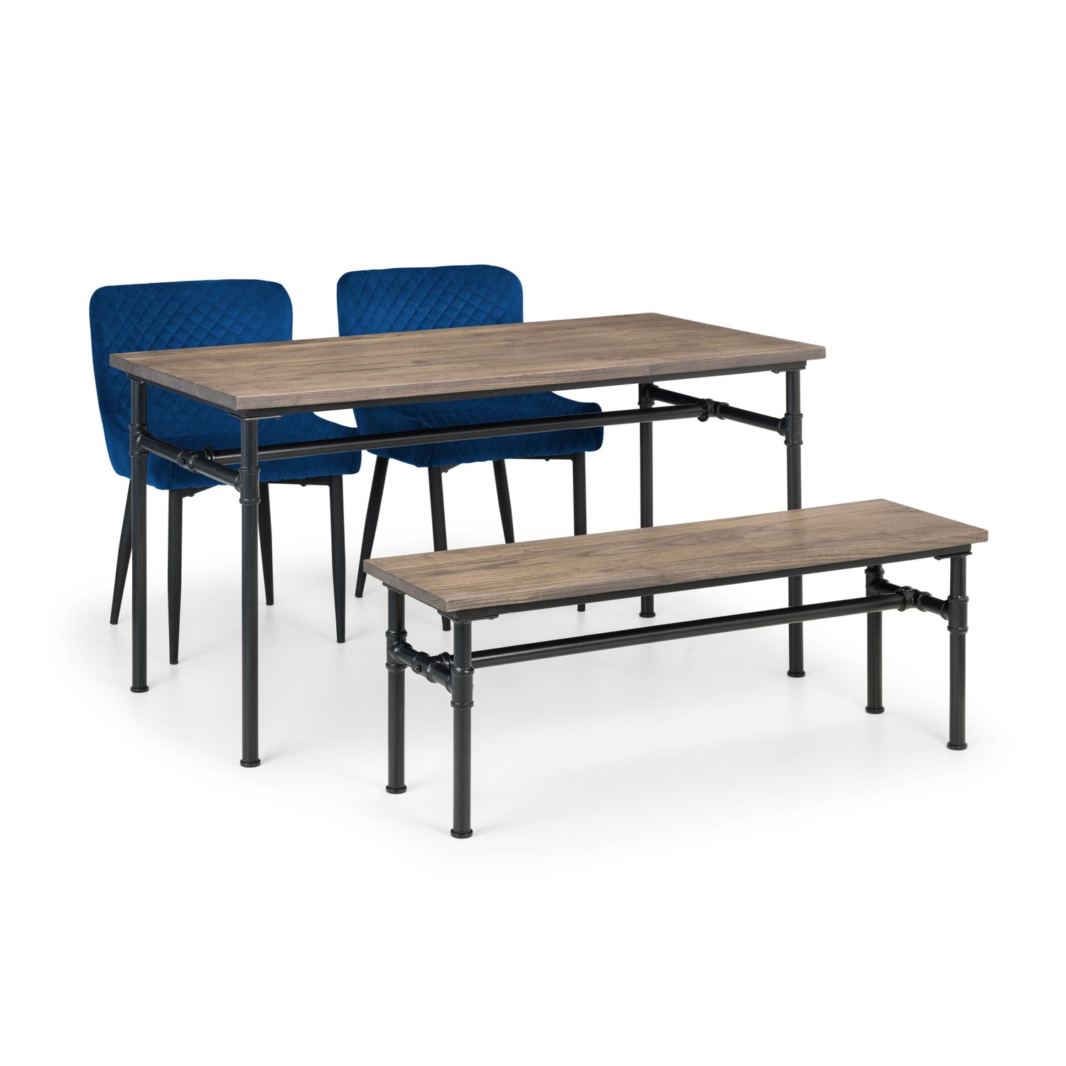 Dining set with two blue chairs and a wooden table and bench on a white background