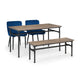 Dining set with two blue chairs and a wooden table and bench on a white background