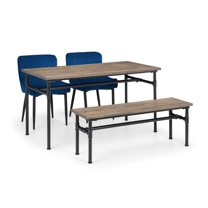 Dining set with two blue chairs and a wooden table and bench on a white background
