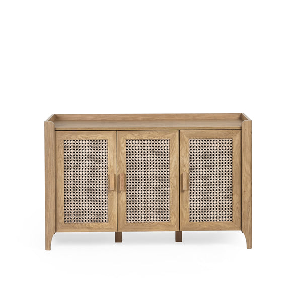 Wooden cabinet with rattan-style doors on a white background