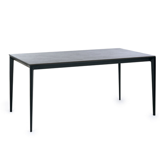 Rectangular dining table with black frame and gray top on a white background