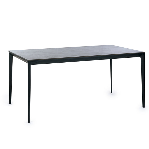 Rectangular dining table with black frame and gray top on a white background