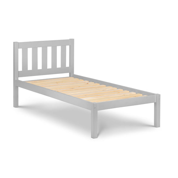 Gray wooden bed frame with a slatted design on a white background