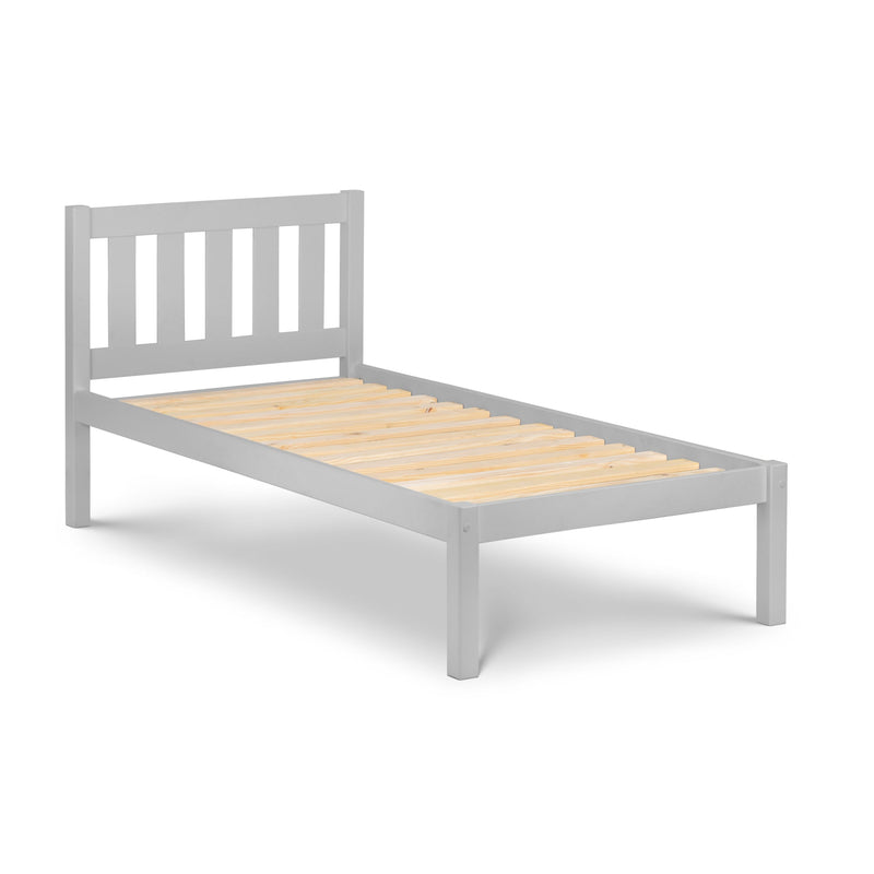 Gray wooden bed frame with a slatted design on a white background