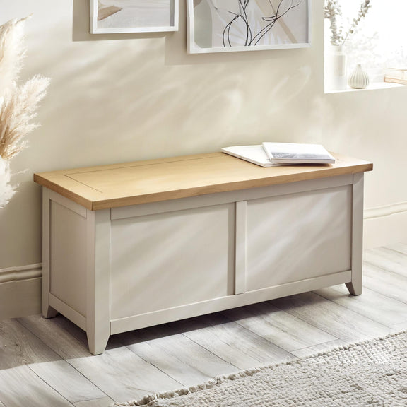 Wooden bench with storage compartments in a room setting