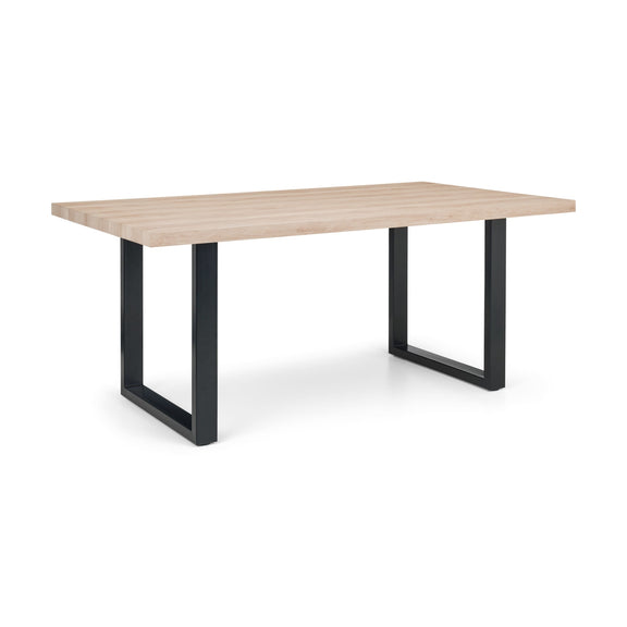 Table with wooden top and black metal legs on a white background