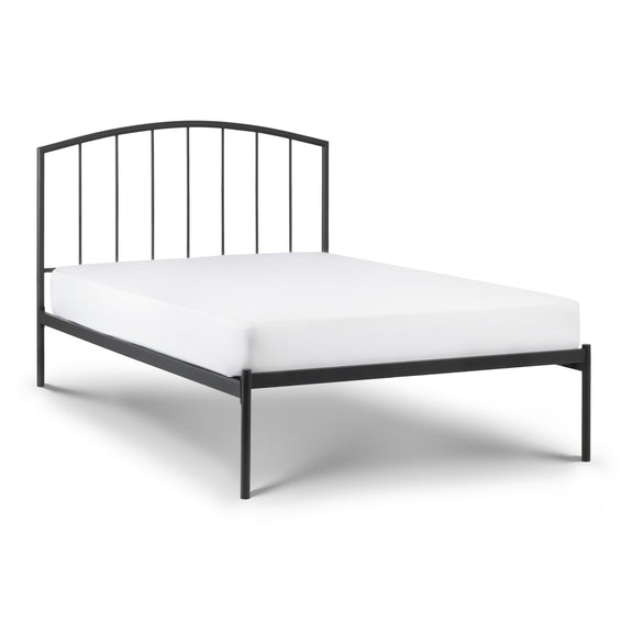 Black metal bed frame with white mattress on a white background