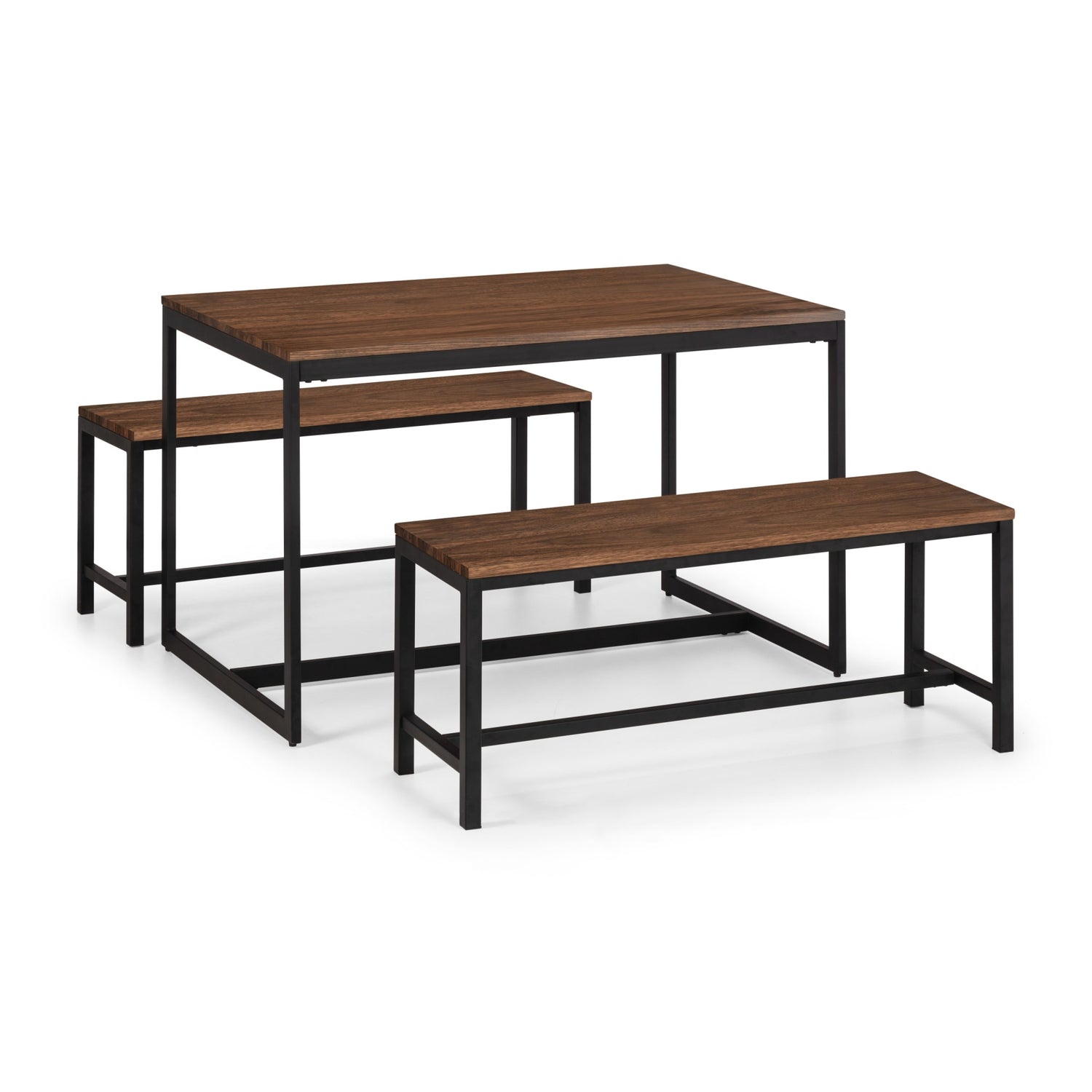 Set of wooden dining table and benches with black metal frames on a white background