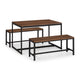 Set of wooden dining table and benches with black metal frames on a white background