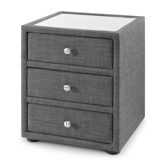 Gray textured nightstand with three drawers and a glass top on a white background