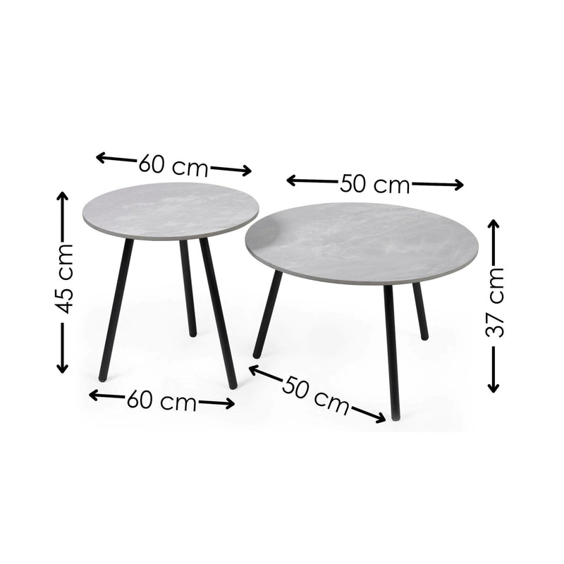Two round tables with dimensions labeled on a white background