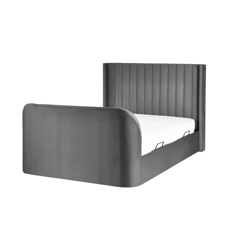 Gray upholstered bed frame on a white background