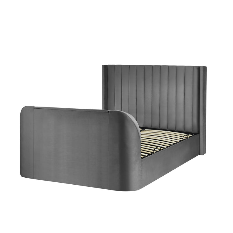 Gray upholstered bed frame on a white background