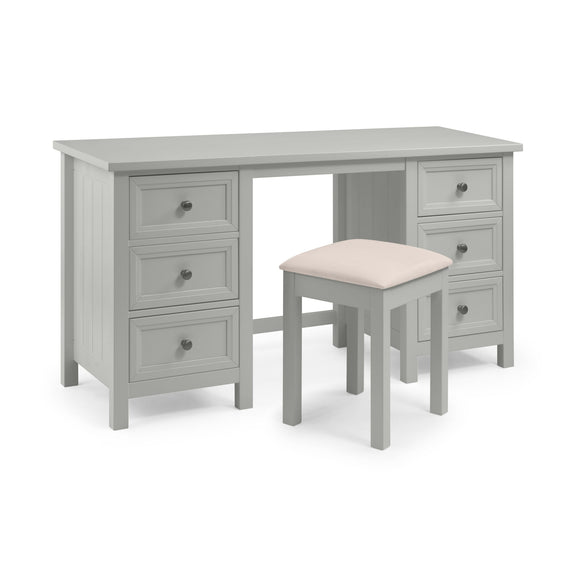 Gray desk with multiple drawers and a matching stool on a white background