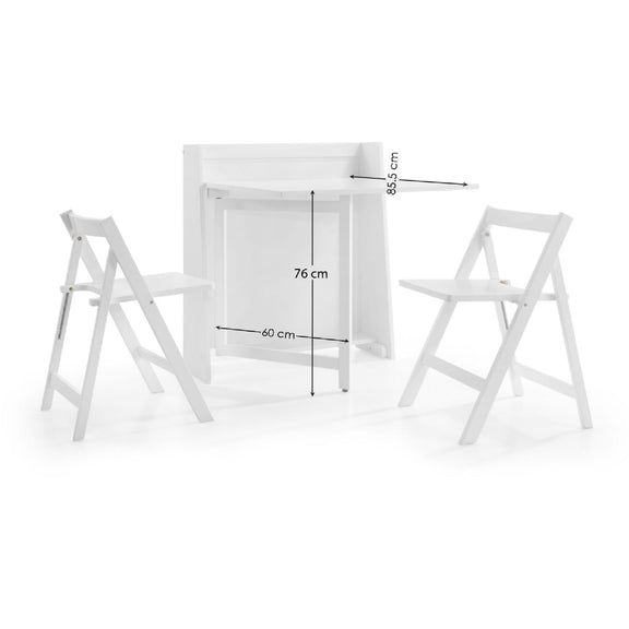 White folding table with two chairs on a white background, showing dimensions.