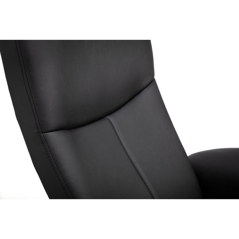 Close-up of a black leather chair on a white background