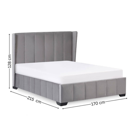 Gray upholstered bed with dimensions on a white background