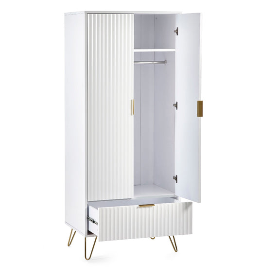White wardrobe with open doors on a white background
