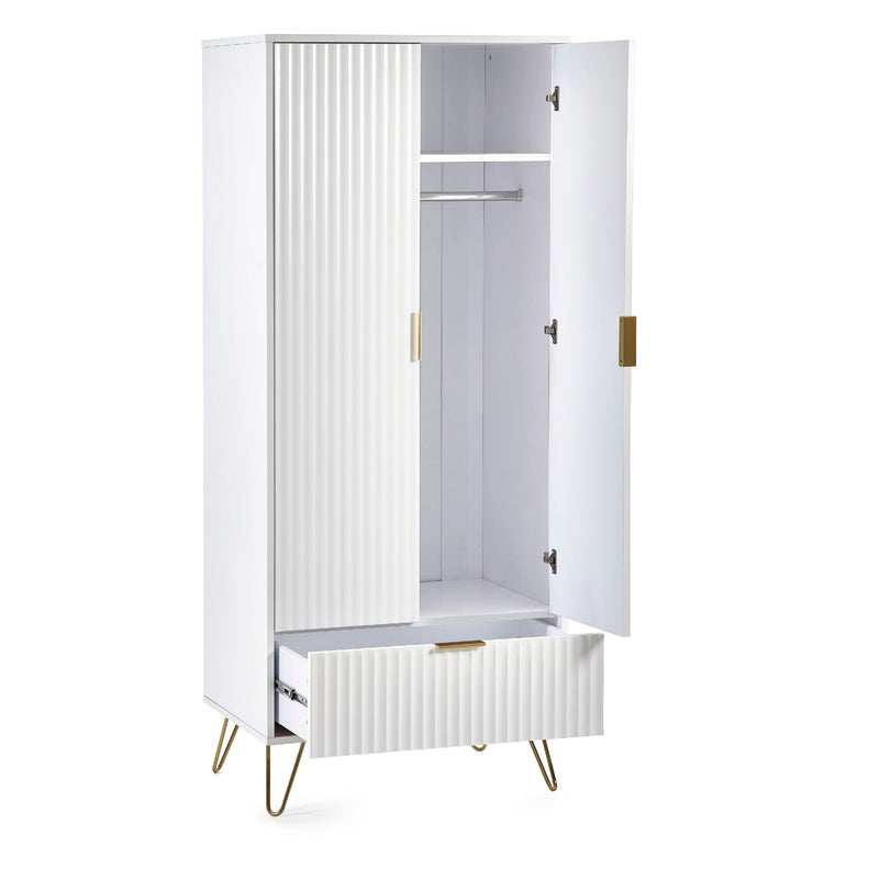 White wardrobe with open doors on a white background