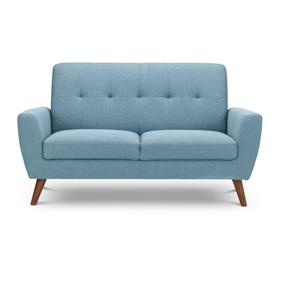 Blue sofa with wooden legs on a white background