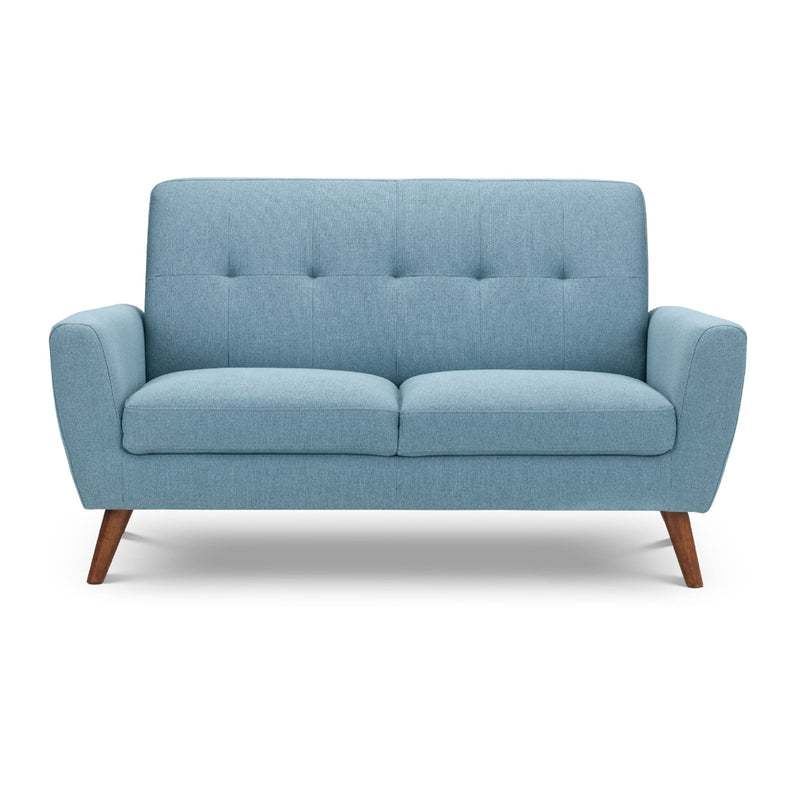 Blue sofa with wooden legs on a white background