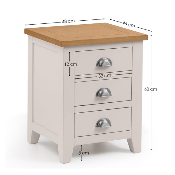 Bedside table with dimensions labeled on a white background