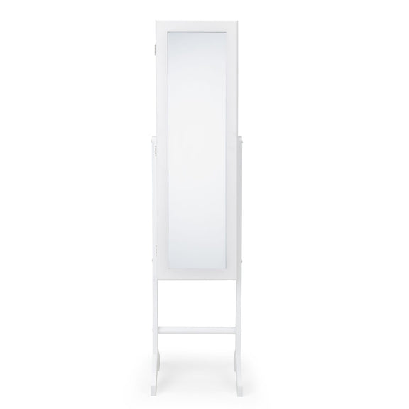 White standing mirror with a clear glass panel on a white background