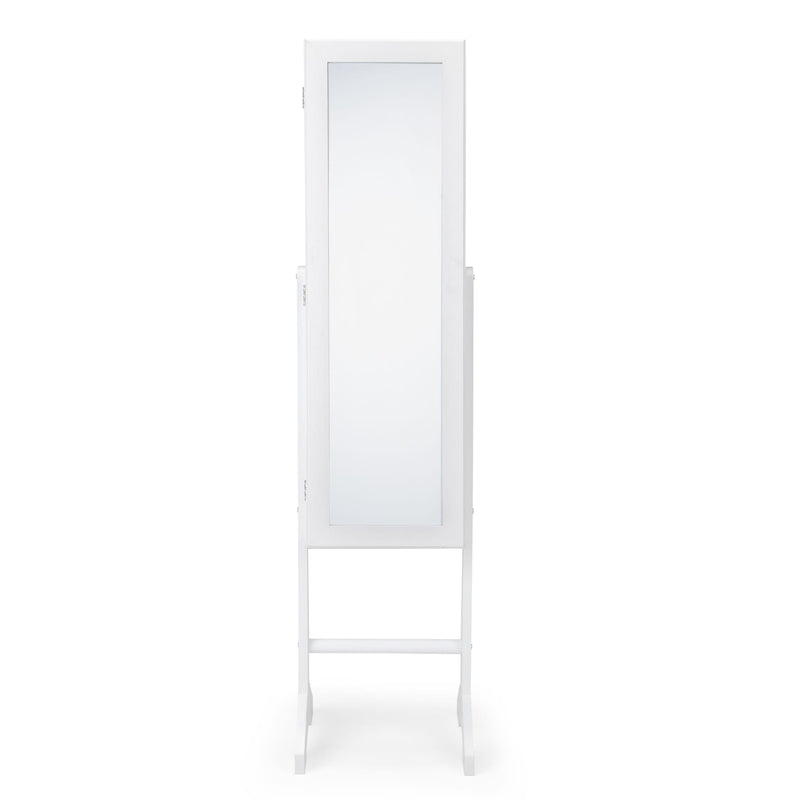 White standing mirror with a clear glass panel on a white background